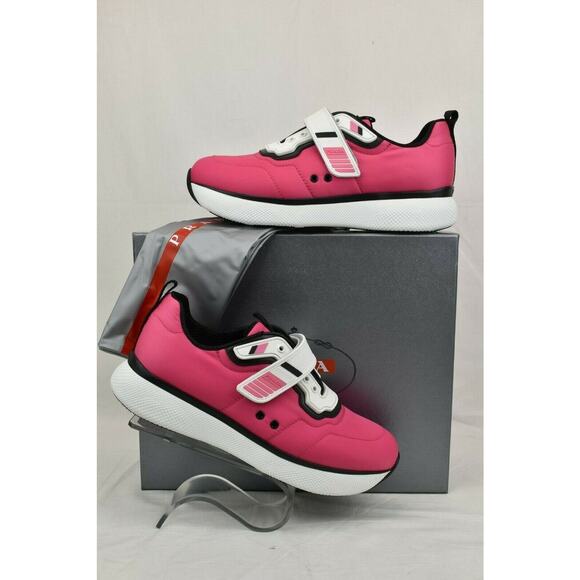 NIB PRADA 3E6322 PINK NYLON WHITE PATENT LEATHER LOW TOP STRAP SNEAKERS 39.5 - Picture 2 of 11